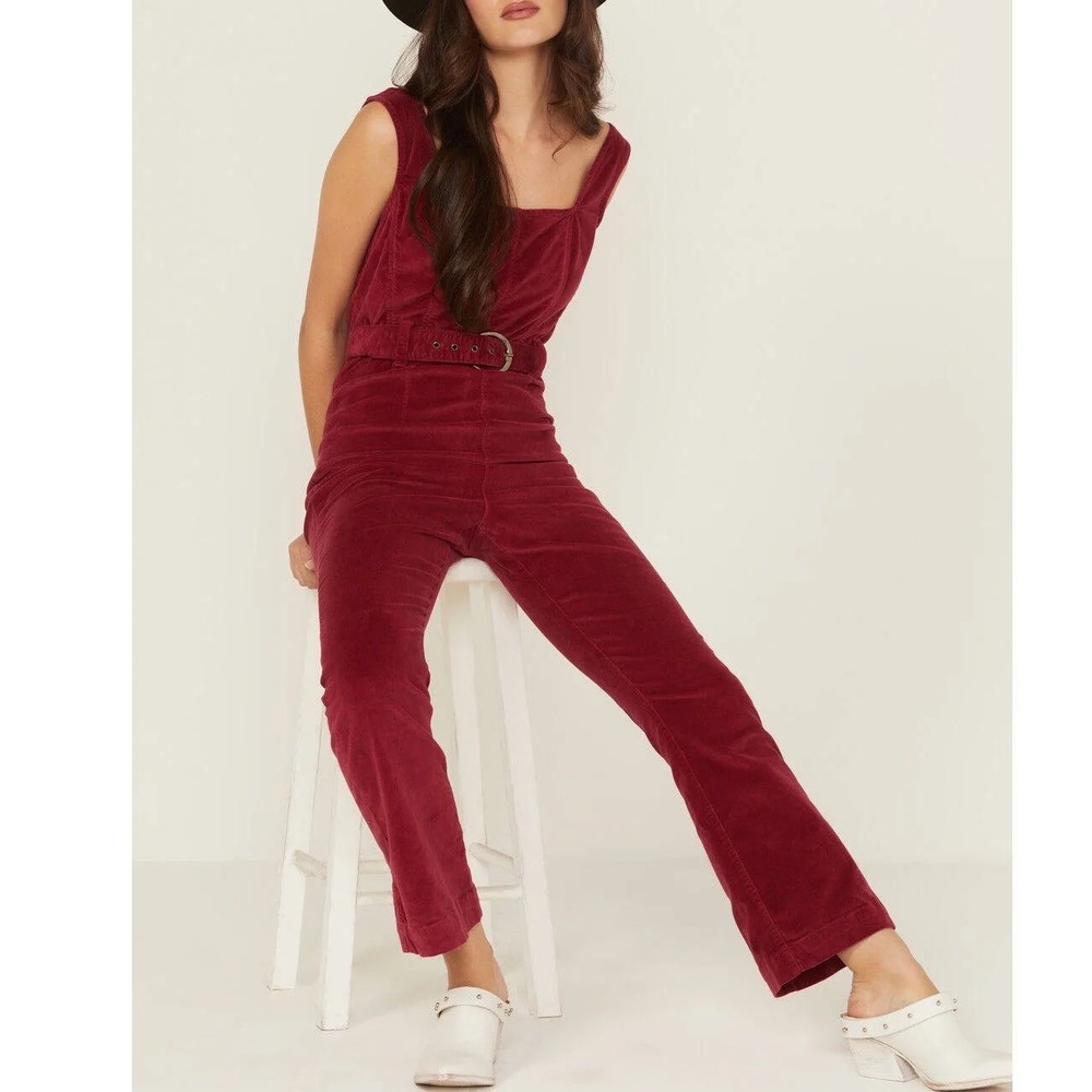 Free People NWT Party Starter Holly Berry Velvet‎ Wide Jumpsuit Size 10